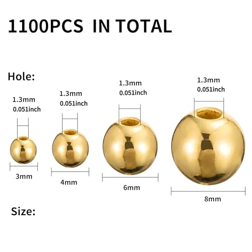 Monigte 1100 Pcs Smooth Round Beads - 3/4/6/8mm Gold Spacer Loose Ball Bead Kits for Bracelet Jewelry Making - Image 2