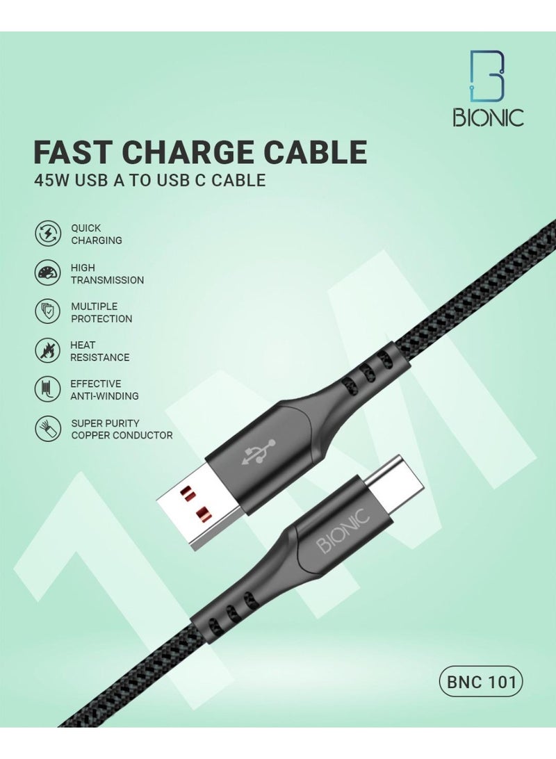 BIONIC Premium 45W USB to USB-C Fast Charging Cable, High-Speed Braided Wire, 1m (Black) - Image 5