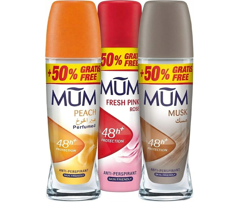MUM Anti-Perspirant Deodorant Roll-On Bundle (Pack of 3) – Peach, Fresh Pink Rose & Musk, 48h+ Long Lasting Protection, Skin Friendly Perfumed Deodorant Variety Pack for Men & Women (+50% Free Value Size)