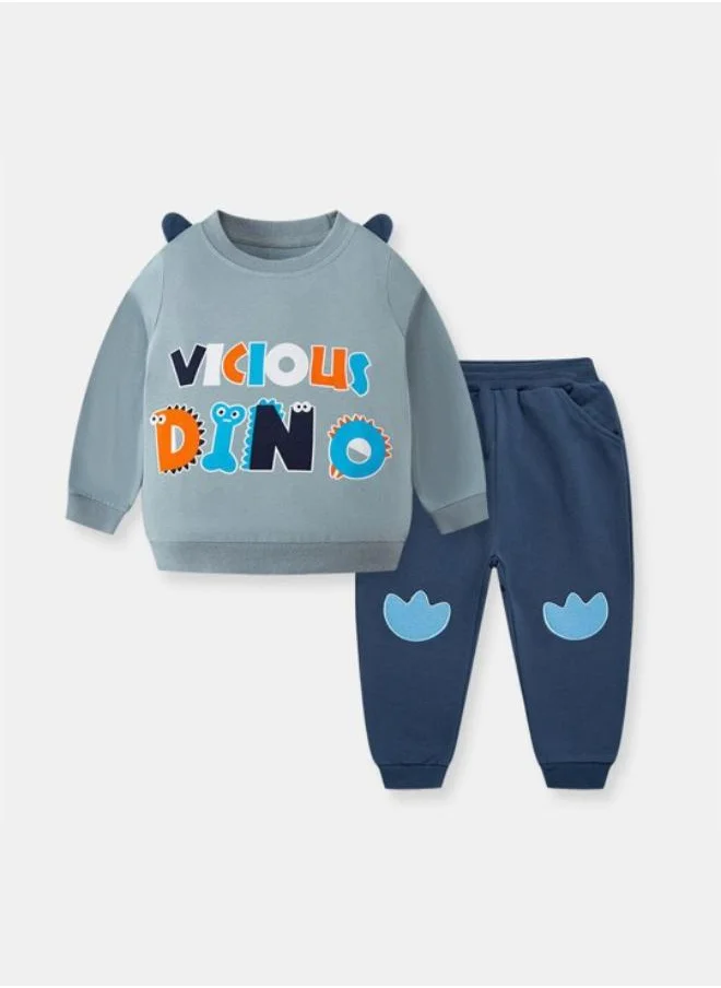 YUNIQEE Blue Crew Neck Long Sleeve Printed Pullover With Track Pant