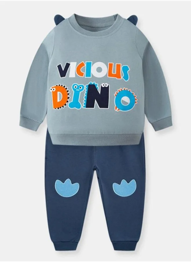 YUNIQEE Blue Crew Neck Long Sleeve Printed Pullover With Track Pant