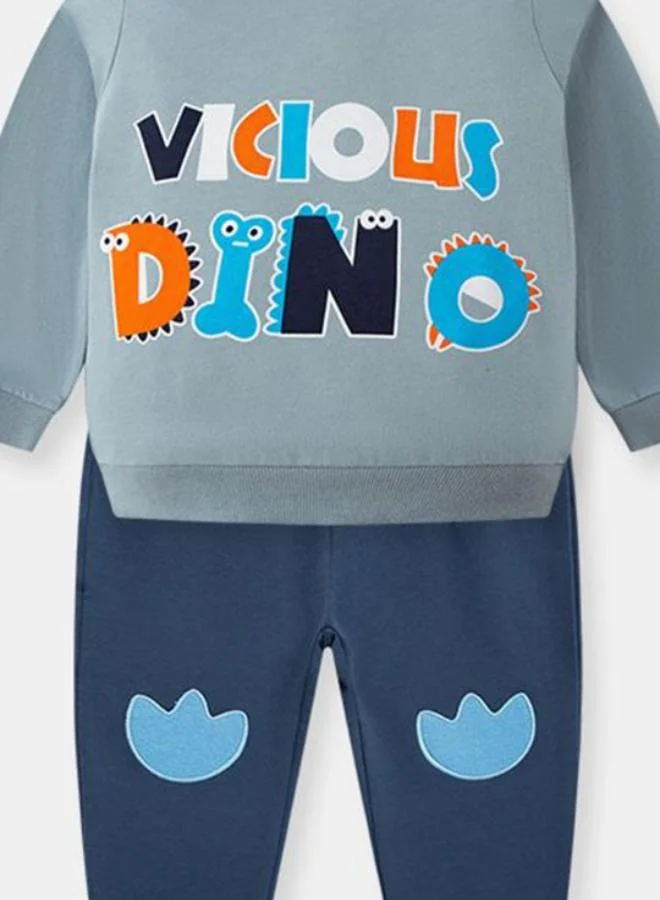 YUNIQEE Blue Crew Neck Long Sleeve Printed Pullover With Track Pant