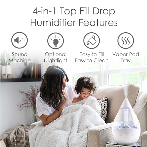 Crane White Drop 4 in 1 Ultrasonic Cool Mist Top Fill Humidifier with Sound Machine, 1 Gallon Tank, For Large Rooms, Clear and White, Baby Nursery Humidifier - Image 2