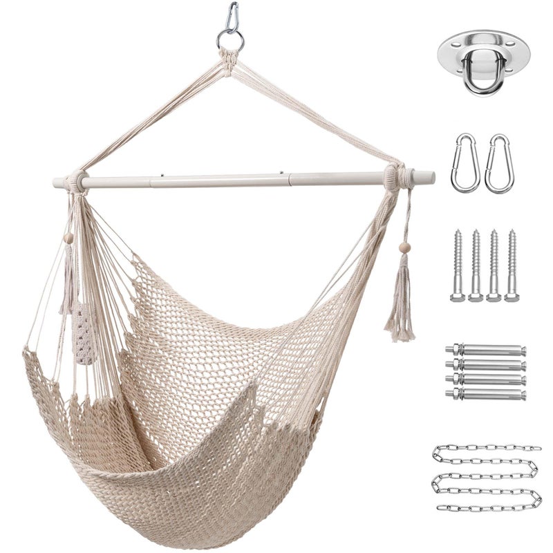 Lazy Daze Hammocks Chair Caribbean Hanging Rope Swing Chair, 40" Removable Steel Spreader Bar with Anti-Slip Rings, Soft-Spun Cotton Rope for Indoor/Outdoor Backyard & Living Room, Max 500 LBS, Beige - Image 1