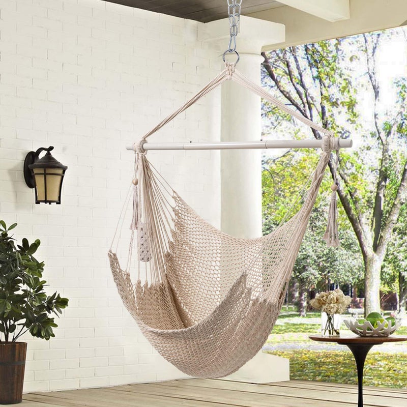 Lazy Daze Hammocks Chair Caribbean Hanging Rope Swing Chair, 40" Removable Steel Spreader Bar with Anti-Slip Rings, Soft-Spun Cotton Rope for Indoor/Outdoor Backyard & Living Room, Max 500 LBS, Beige - Image 3