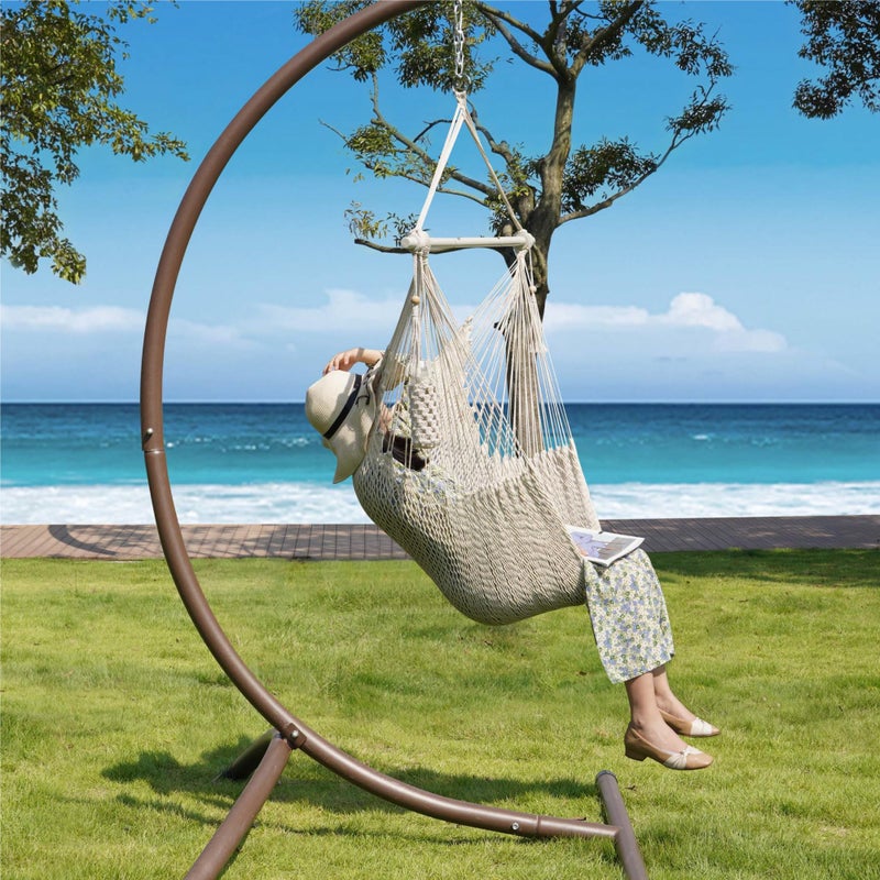 Lazy Daze Hammocks Chair Caribbean Hanging Rope Swing Chair, 40" Removable Steel Spreader Bar with Anti-Slip Rings, Soft-Spun Cotton Rope for Indoor/Outdoor Backyard & Living Room, Max 500 LBS, Beige - Image 2