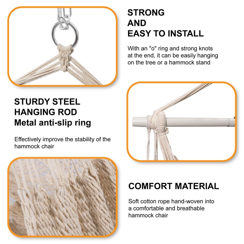Lazy Daze Hammocks Chair Caribbean Hanging Rope Swing Chair, 40" Removable Steel Spreader Bar with Anti-Slip Rings, Soft-Spun Cotton Rope for Indoor/Outdoor Backyard & Living Room, Max 500 LBS, Beige - Image 5