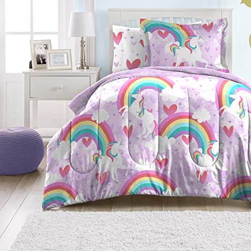 dream FACTORY Kids 7Piece Complete Set EasyWash Super Soft Microfiber Comforter Bedding Full Purple Unicorn Rainbow