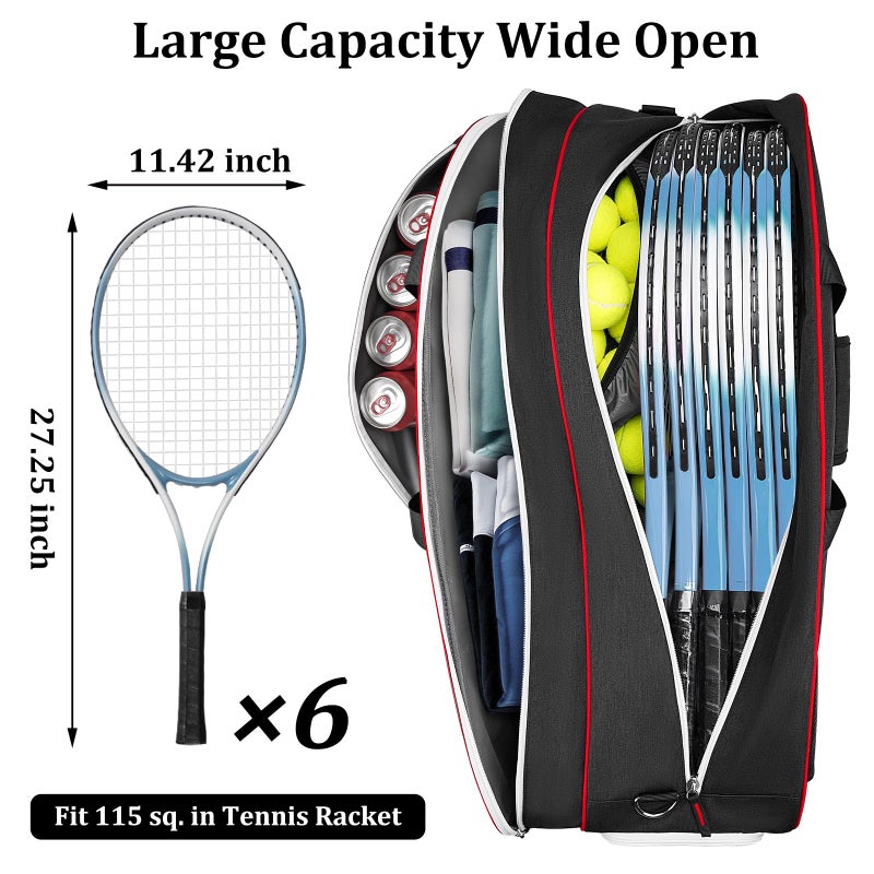 Ytonet Tennis Bag 6 Rackets, Large Tennis Racket Bag for Men Women with Insulated Pocket Shoe Compartment Water Resistant 3-Ways Carry Padded Badminton Cover for Pro/Team/Familiy Training, Black - Image 2