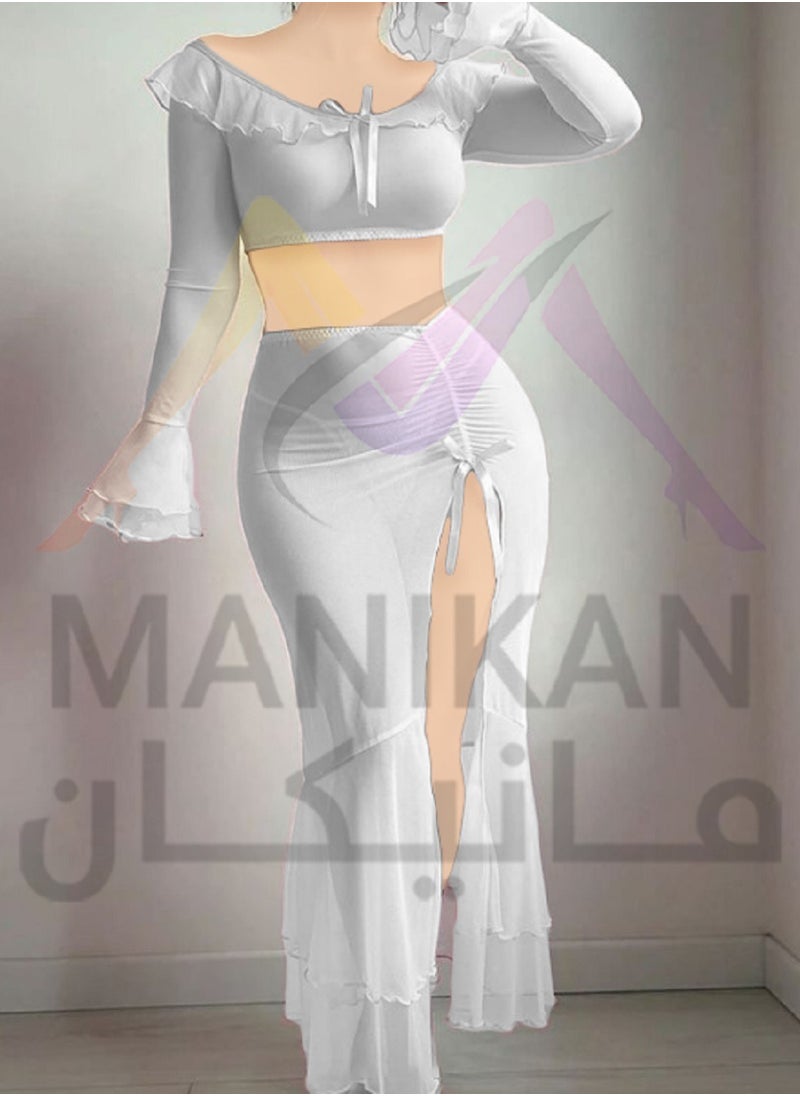 MANIKAN Women's Two-Piece Set Off-Shoulder Crop Top with Flared Long Sleeves and High-Slit Maxi Skirt Featuring Ruffle Details  - Image 1