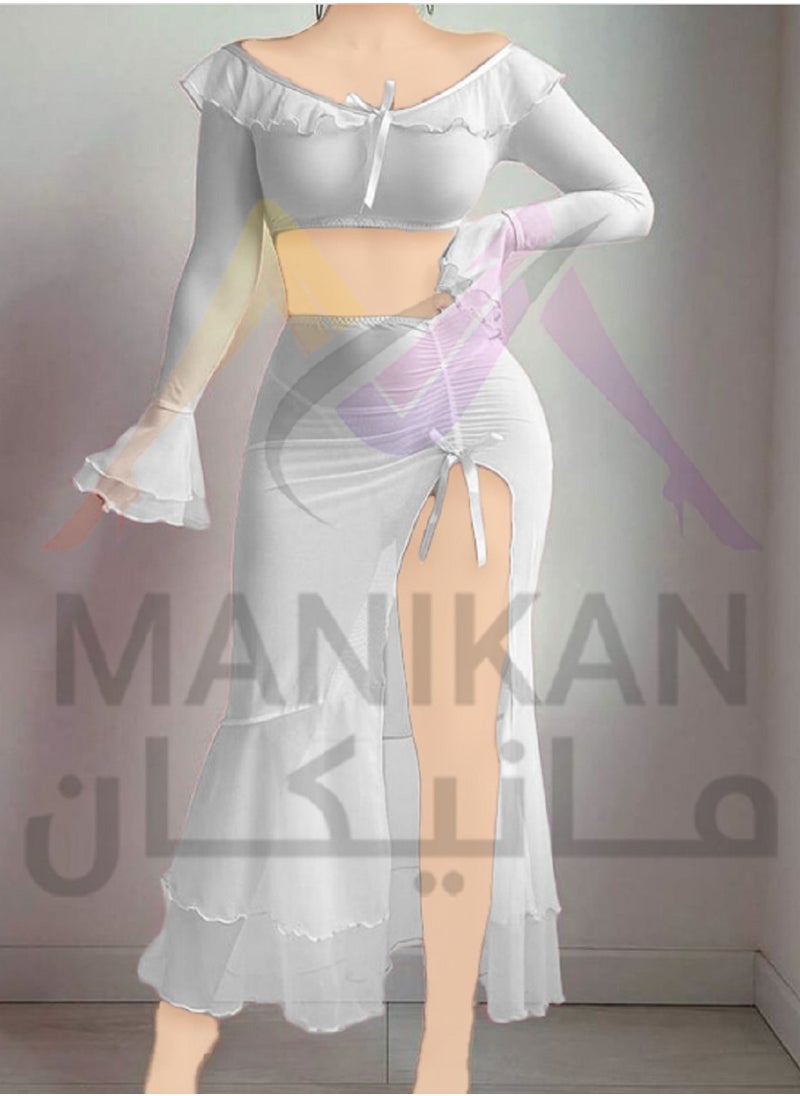 MANIKAN Women's Two-Piece Set Off-Shoulder Crop Top with Flared Long Sleeves and High-Slit Maxi Skirt Featuring Ruffle Details  - Image 3