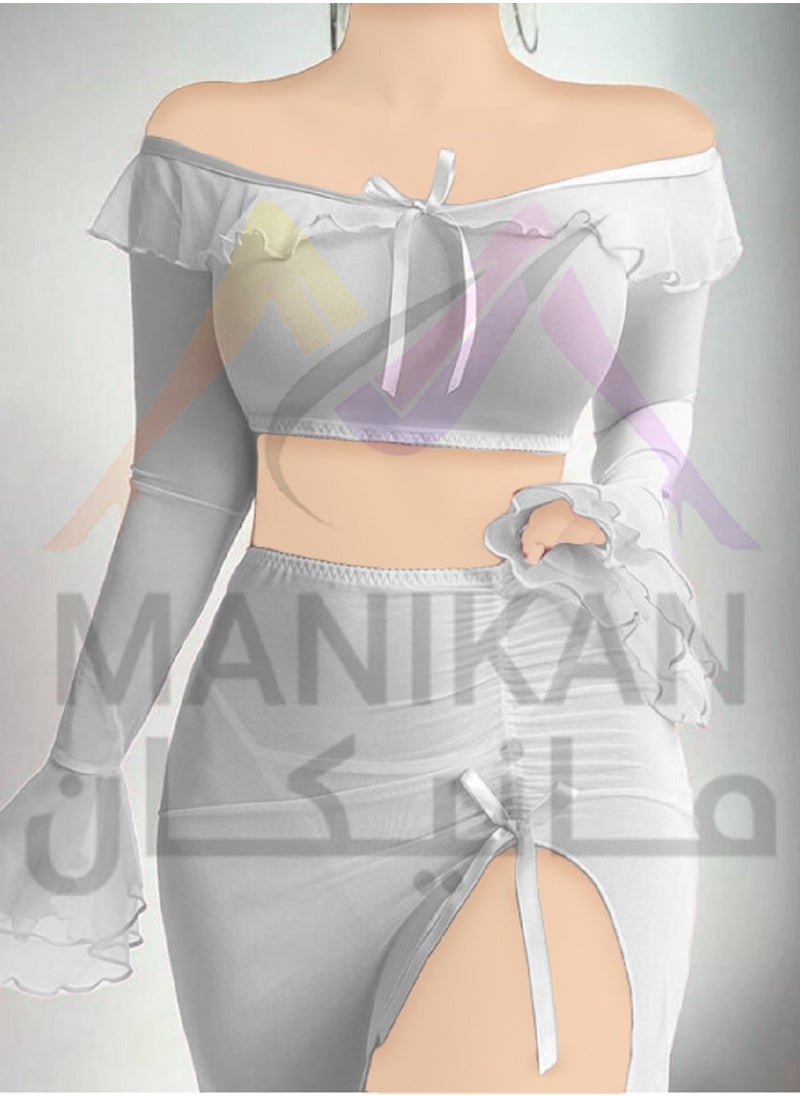 MANIKAN Women's Two-Piece Set Off-Shoulder Crop Top with Flared Long Sleeves and High-Slit Maxi Skirt Featuring Ruffle Details  - Image 5