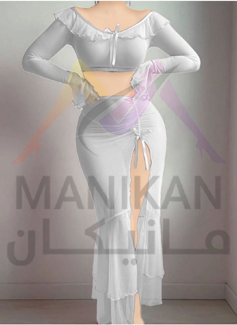 MANIKAN Women's Two-Piece Set Off-Shoulder Crop Top with Flared Long Sleeves and High-Slit Maxi Skirt Featuring Ruffle Details  - Image 4