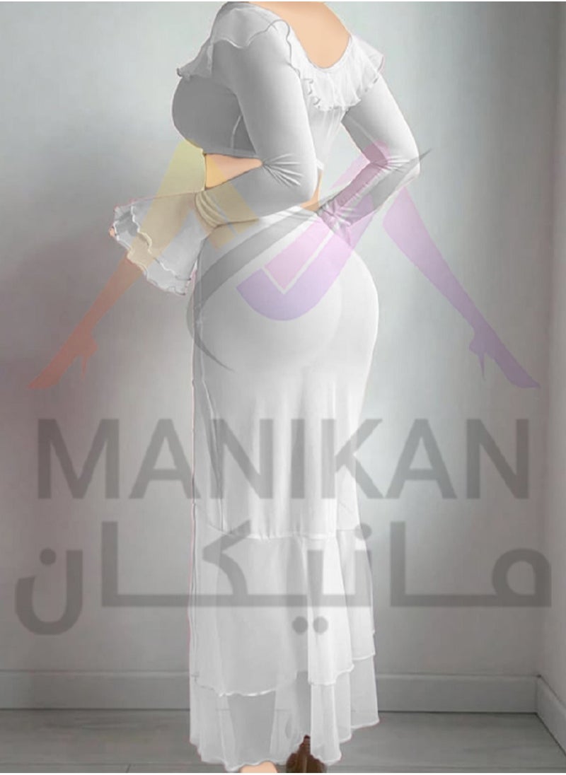 MANIKAN Women's Two-Piece Set Off-Shoulder Crop Top with Flared Long Sleeves and High-Slit Maxi Skirt Featuring Ruffle Details  - Image 2