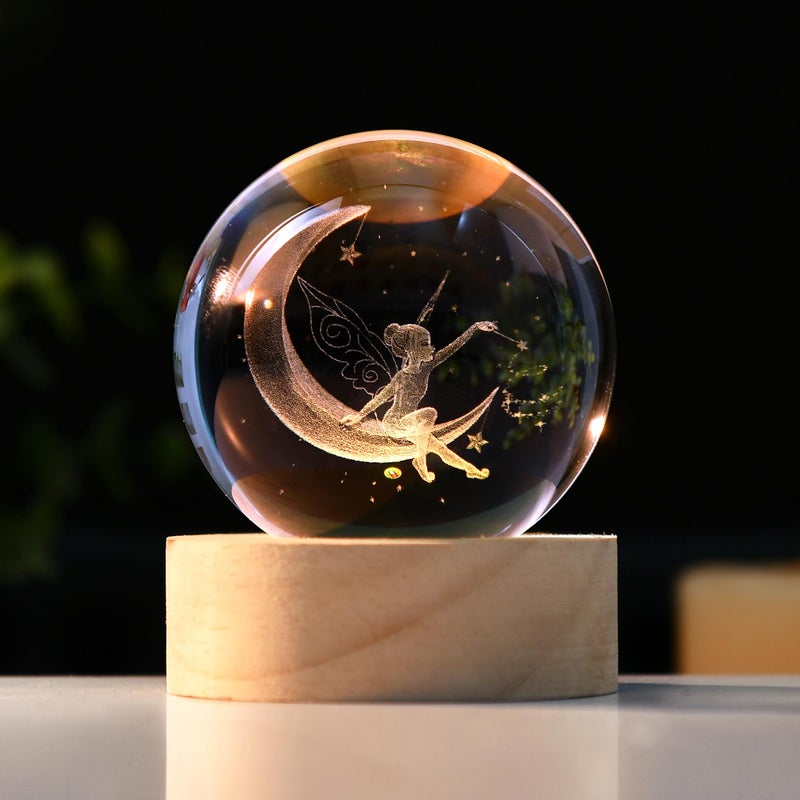 IFOLAINA Moon Fairy Crystal Ball 3D Laser Engraved Glass Night Light Decorative Globe Crystal Moon Sphere Gifts for Girls Her Fairy Lovers