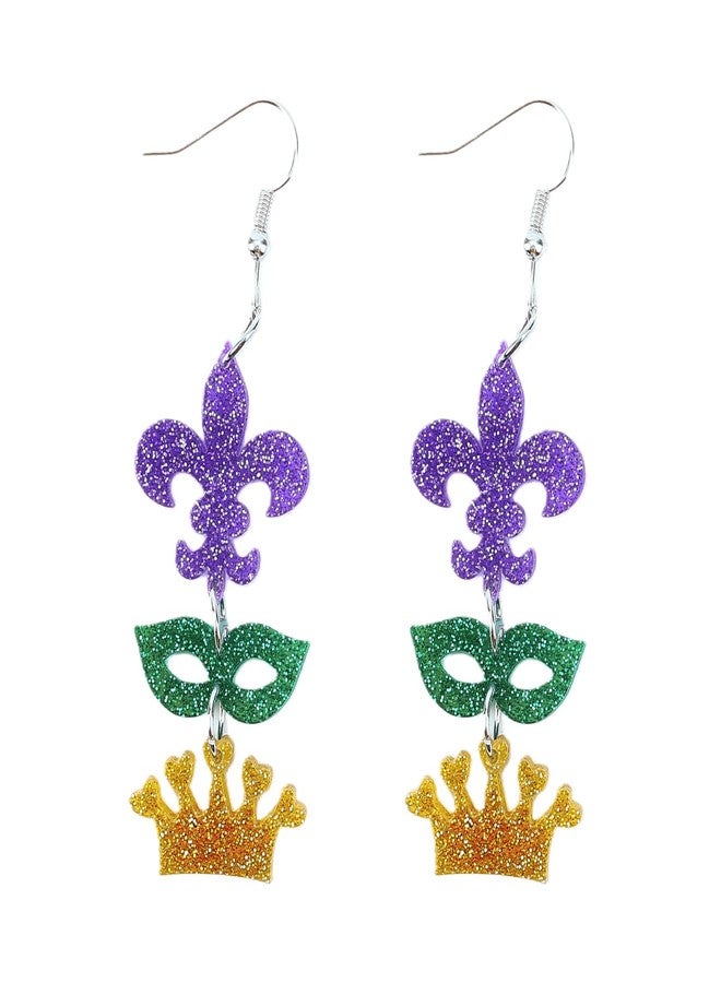 Cifudec Acrylic Mardi Gras Earrings Sequin Fleur De Lis Letter Mask Crown Earrings for Women, Carnival Earrings for Fat Tuesday Celebration, Mardi Gras Parade Accessory Gifts (MaskCrown) - Image 1