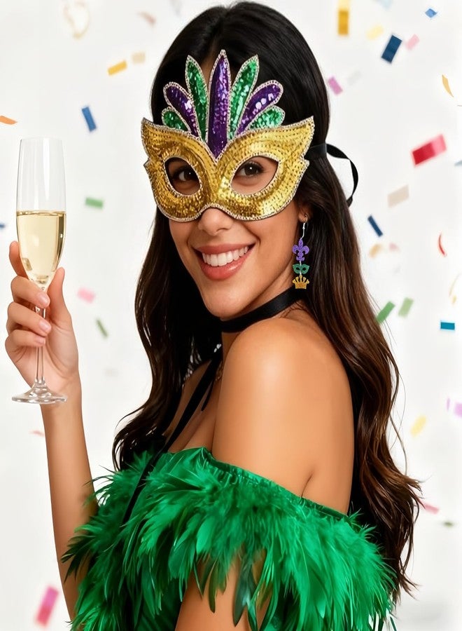 Cifudec Acrylic Mardi Gras Earrings Sequin Fleur De Lis Letter Mask Crown Earrings for Women, Carnival Earrings for Fat Tuesday Celebration, Mardi Gras Parade Accessory Gifts (MaskCrown) - Image 3