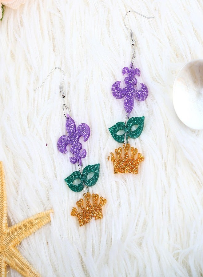 Cifudec Acrylic Mardi Gras Earrings Sequin Fleur De Lis Letter Mask Crown Earrings for Women, Carnival Earrings for Fat Tuesday Celebration, Mardi Gras Parade Accessory Gifts (MaskCrown) - Image 2