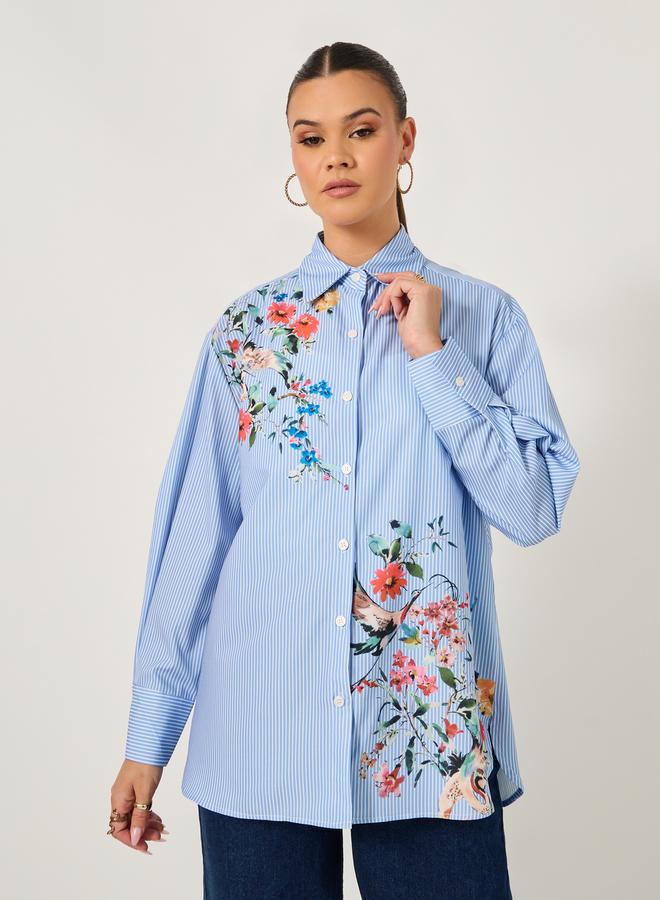 Styli Long Sleeves Oversized  Floral Printed Collared Shirt  - Image 2