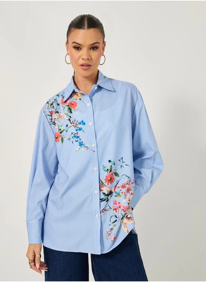 ستايلي Long Sleeves Oversized  Floral Printed Collared Shirt