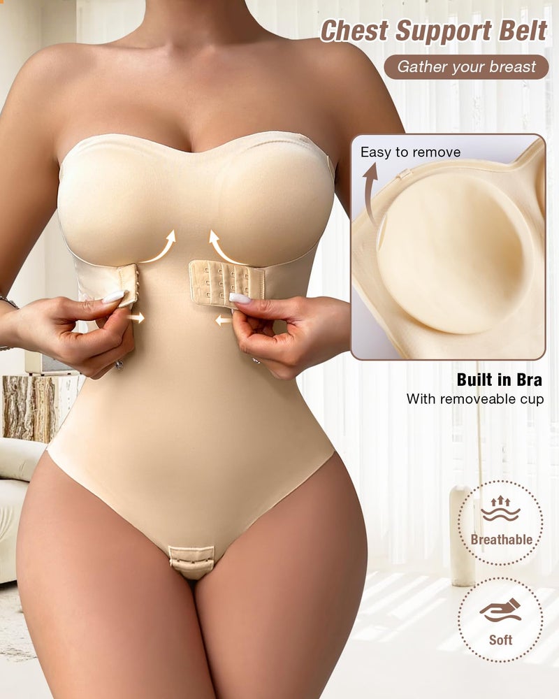 USEASY Shapewear Bodysuit Tummy Control Strapless Bra Shapewear for Women Strapless Faja Body Shaper Thong Light Shapewear Beige M - Image 4
