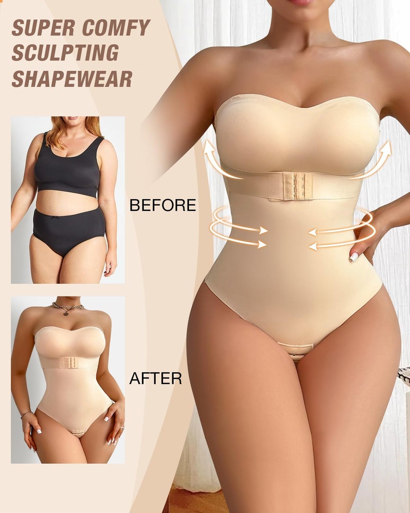 USEASY Shapewear Bodysuit Tummy Control Strapless Bra Shapewear for Women Strapless Faja Body Shaper Thong Light Shapewear Beige M - Image 5