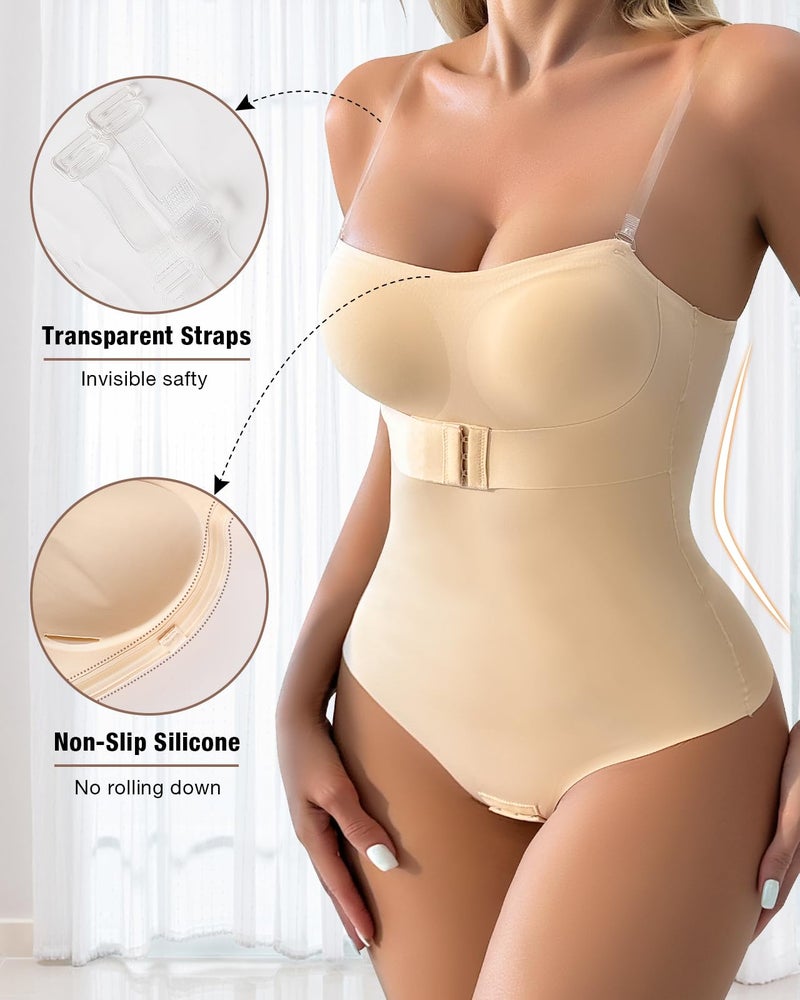 USEASY Shapewear Bodysuit Tummy Control Strapless Bra Shapewear for Women Strapless Faja Body Shaper Thong Light Shapewear Beige M - Image 3