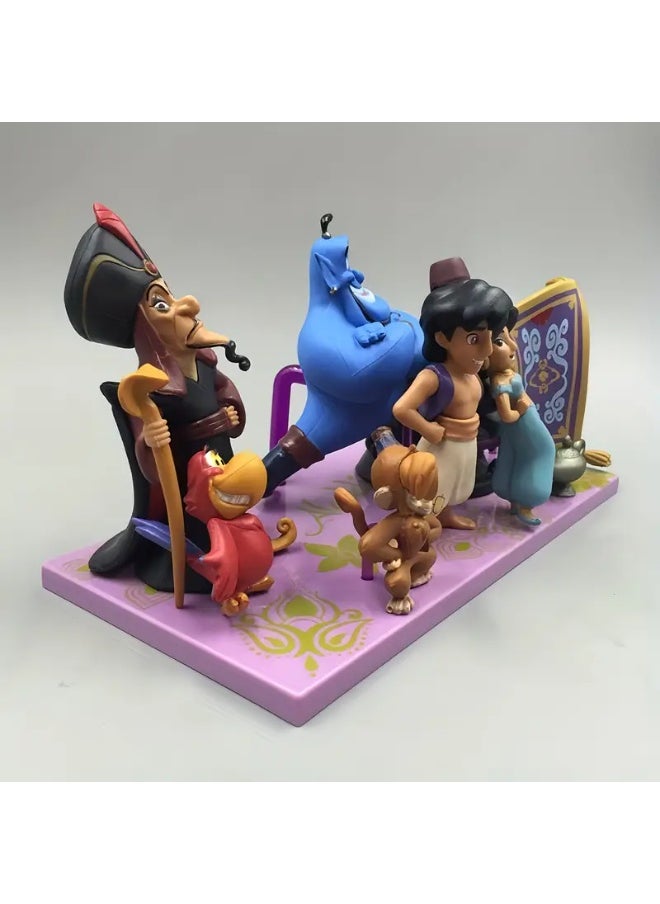 A set of realistic statues of the characters of the movie Aladdin, the blue genie, Aladdin, Jasmine, Jafar, Abu the monkey, the parrot, the magic carpet, the pitcher, and the head of the black panther. It is a set of statues that complement each other, suitable for decoration and home ornamentation, whether placed on the TV stand table in the living room or cinema room, or on the desk, bedside shelf, or a cabinet of antiques to display the statue. It can be a suitable gift for those who love the movie Aladdin and classic stories. Beautiful colors and suitable size