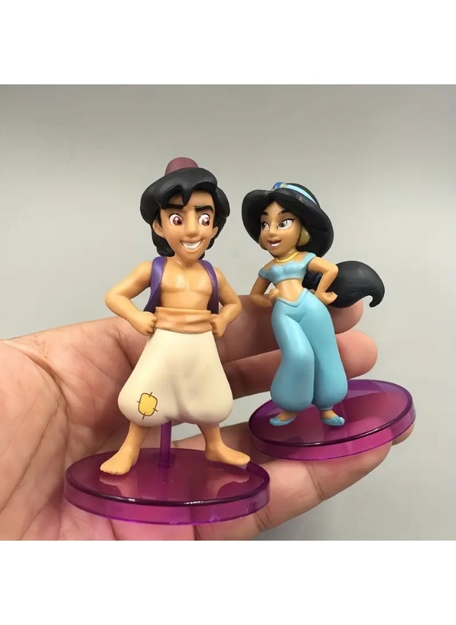A set of realistic statues of the characters of the movie Aladdin, the blue genie, Aladdin, Jasmine, Jafar, Abu the monkey, the parrot, the magic carpet, the pitcher, and the head of the black panther. It is a set of statues that complement each other, suitable for decoration and home ornamentation, whether placed on the TV stand table in the living room or cinema room, or on the desk, bedside shelf, or a cabinet of antiques to display the statue. It can be a suitable gift for those who love the movie Aladdin and classic stories. Beautiful colors and suitable size