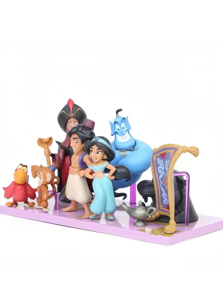 A set of realistic statues of the characters of the movie Aladdin, the blue genie, Aladdin, Jasmine, Jafar, Abu the monkey, the parrot, the magic carpet, the pitcher, and the head of the black panther. It is a set of statues that complement each other, suitable for decoration and home ornamentation, whether placed on the TV stand table in the living room or cinema room, or on the desk, bedside shelf, or a cabinet of antiques to display the statue. It can be a suitable gift for those who love the movie Aladdin and classic stories. Beautiful colors and suitable size