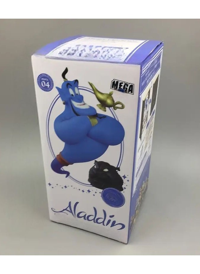 A set of realistic statues of the characters of the movie Aladdin, the blue genie, Aladdin, Jasmine, Jafar, Abu the monkey, the parrot, the magic carpet, the pitcher, and the head of the black panther. It is a set of statues that complement each other, suitable for decoration and home ornamentation, whether placed on the TV stand table in the living room or cinema room, or on the desk, bedside shelf, or a cabinet of antiques to display the statue. It can be a suitable gift for those who love the movie Aladdin and classic stories. Beautiful colors and suitable size