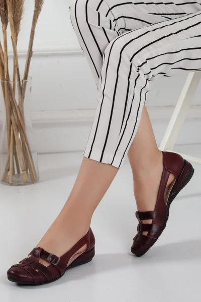 Dilimler Ayakkabı Slices Shoes Buckle Burgundy Women's Ballerinas