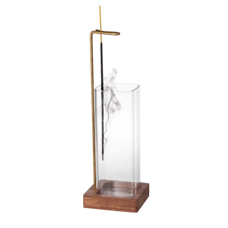 IMEEA Incense Holder for Sticks with Walnut Base and Glass Ash Catcher Incense Stick Burner Holder for Home Decor Yoga Spa Meditation