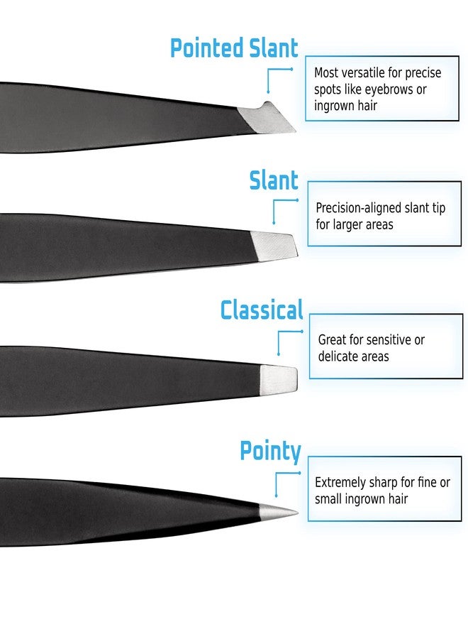 Rikans Precision Tweezers Set - Pack of 4 Black Professional Tweezers - Handy Carry Pouch - Superior Stainless Steel Tweezer Set - Splinters, Eyebrows, Facial or Ingrown Hair - Blackheads Remover - Image 2