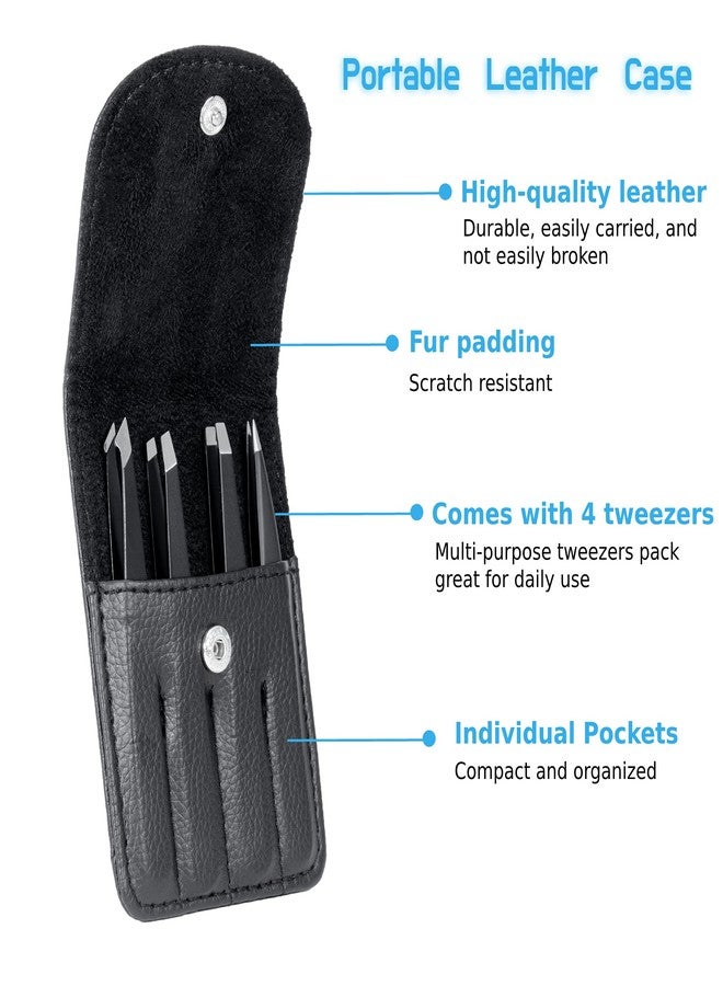 Rikans Precision Tweezers Set - Pack of 4 Black Professional Tweezers - Handy Carry Pouch - Superior Stainless Steel Tweezer Set - Splinters, Eyebrows, Facial or Ingrown Hair - Blackheads Remover - Image 4