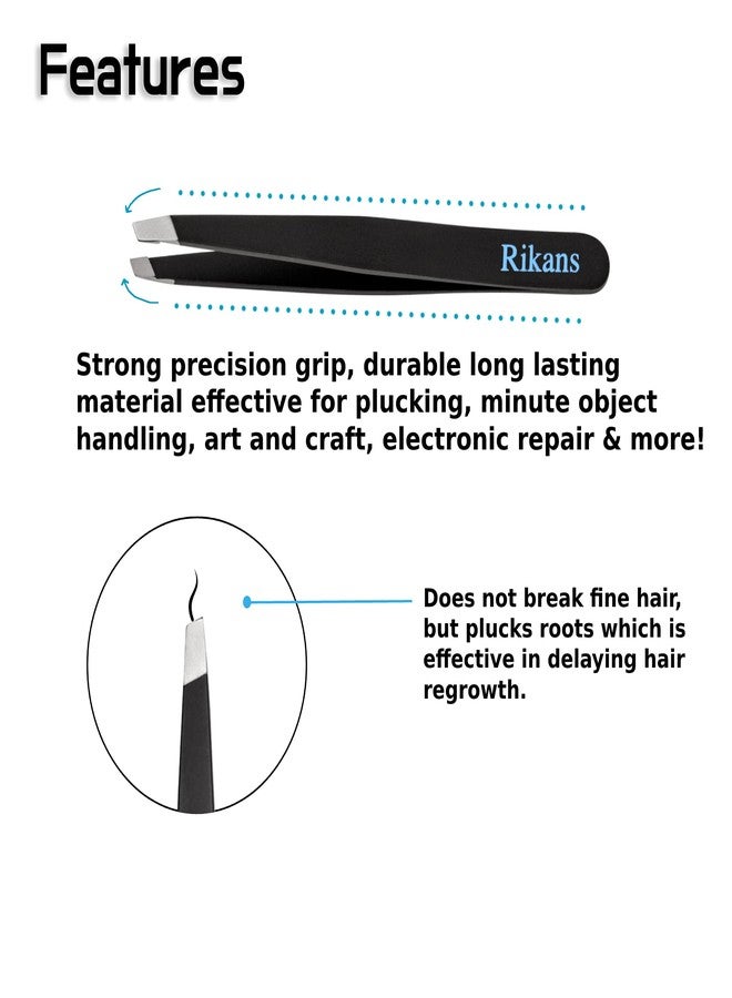 Rikans Precision Tweezers Set - Pack of 4 Black Professional Tweezers - Handy Carry Pouch - Superior Stainless Steel Tweezer Set - Splinters, Eyebrows, Facial or Ingrown Hair - Blackheads Remover - Image 5