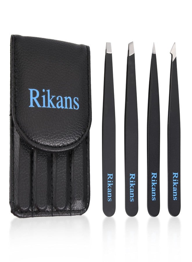 Rikans Precision Tweezers Set - Pack of 4 Black Professional Tweezers - Handy Carry Pouch - Superior Stainless Steel Tweezer Set - Splinters, Eyebrows, Facial or Ingrown Hair - Blackheads Remover - Image 1