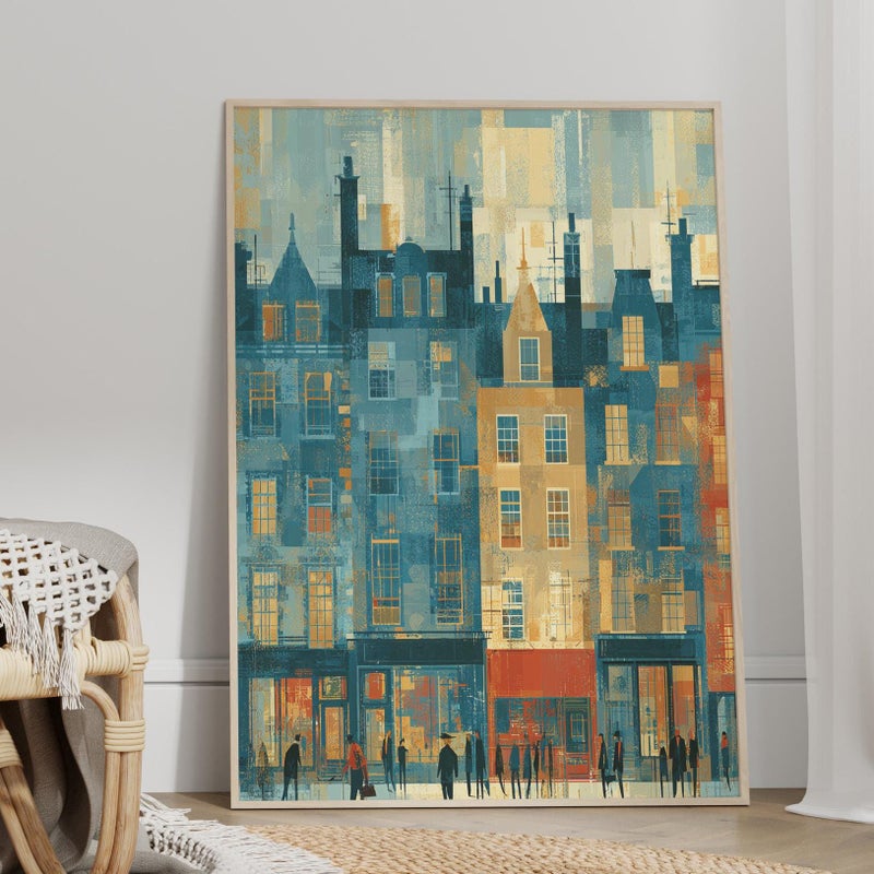 TNESSENTIAL Abstract Urban Cityscape Painting Poster or Canvas Print, Geometric Mosaic Street Scene Art, European-Inspired Teal Ochre Red Wall Decor - Image 1