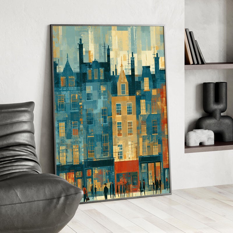 TNESSENTIAL Abstract Urban Cityscape Painting Poster or Canvas Print, Geometric Mosaic Street Scene Art, European-Inspired Teal Ochre Red Wall Decor - Image 3