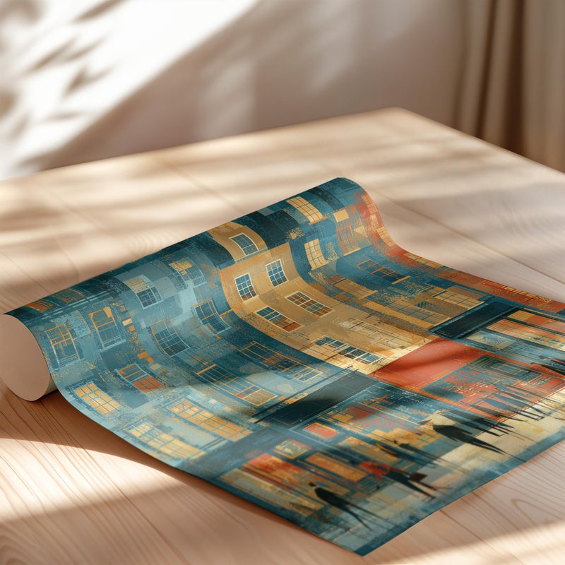 TNESSENTIAL Abstract Urban Cityscape Painting Poster or Canvas Print, Geometric Mosaic Street Scene Art, European-Inspired Teal Ochre Red Wall Decor - Image 2