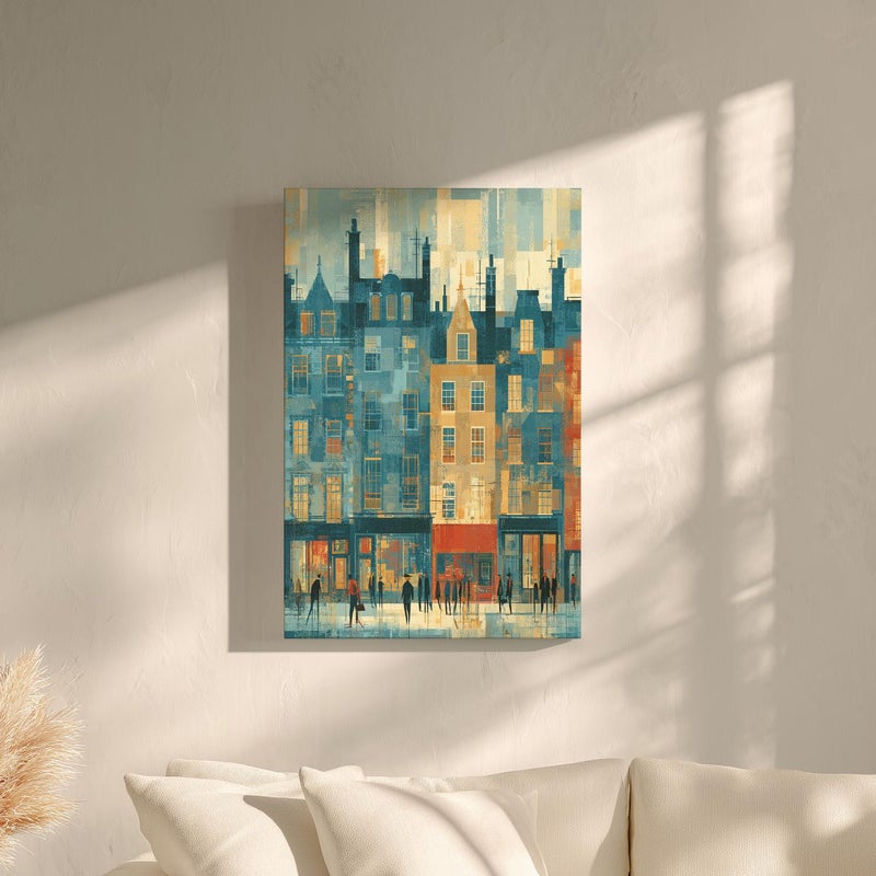 TNESSENTIAL Abstract Urban Cityscape Painting Poster or Canvas Print, Geometric Mosaic Street Scene Art, European-Inspired Teal Ochre Red Wall Decor - Image 4