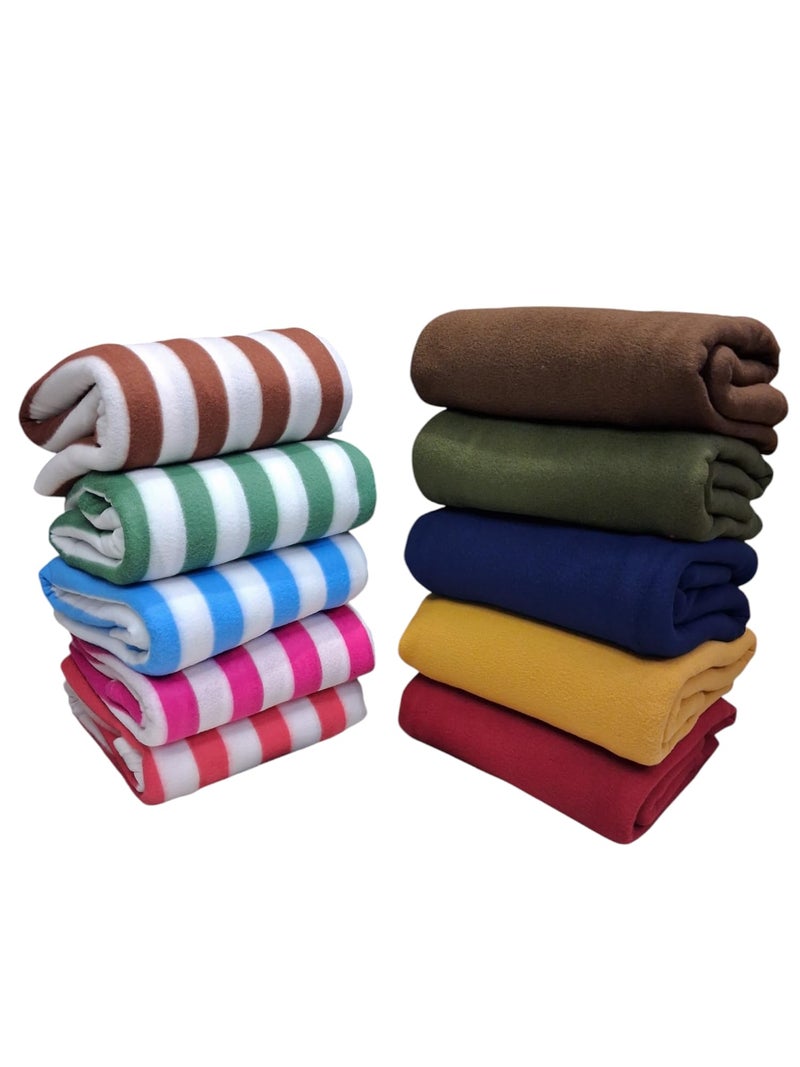 MAMRAJ Stylish Polar Fleece Single Bed Super Soft Micro Fleece Blanket - 58x88 Inch || Skin Friendly || Multicolour || Set of 10 || (5 Plain + 5 Stripes) - Image 1