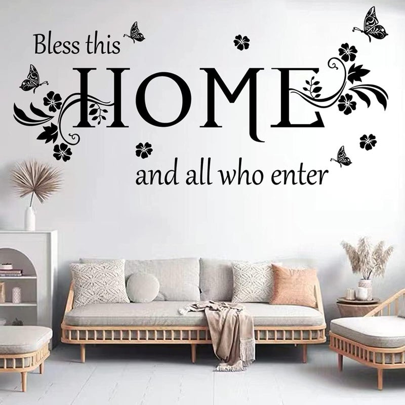 Black Vinyl Wall Sticker Wall Word Quotes Bless This Home and All who Enter Wall Decals Flowers Butterfly Wall Decor Sticker for Entryway Living Room Home Decor