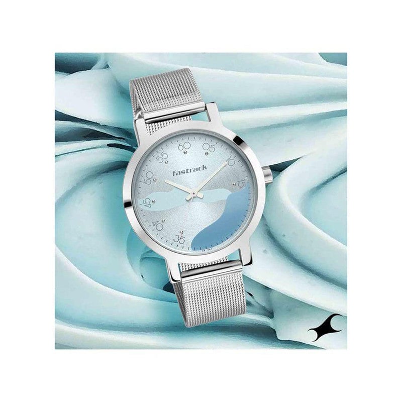 Fastrack Bare Basics Women's Quartz Analog Watch | Blue Abstract Wave Dial with Silver Stainless Steel Mesh Strap | Modern Minimalist Style - 6222SM02 - Image 1