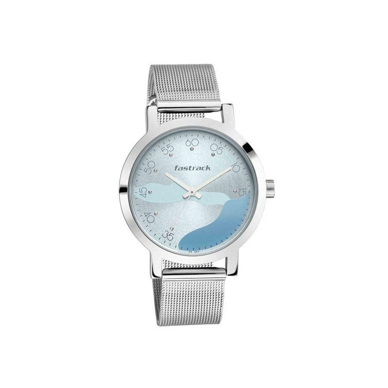 Fastrack Bare Basics Women's Quartz Analog Watch | Blue Abstract Wave Dial with Silver Stainless Steel Mesh Strap | Modern Minimalist Style - 6222SM02 - Image 5
