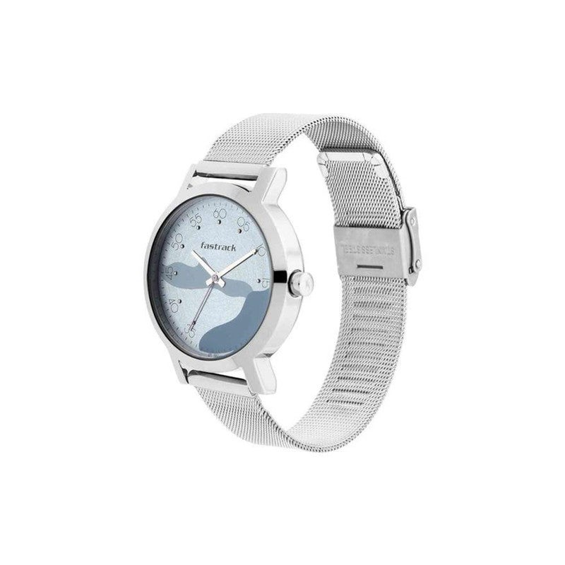 Fastrack Bare Basics Women's Quartz Analog Watch | Blue Abstract Wave Dial with Silver Stainless Steel Mesh Strap | Modern Minimalist Style - 6222SM02 - Image 4