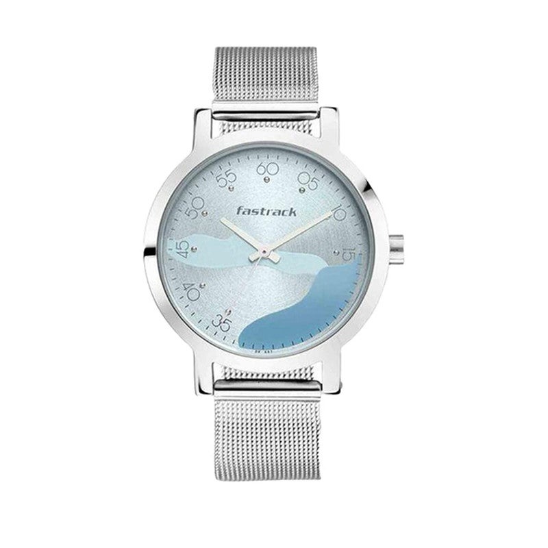 Fastrack Bare Basics Women's Quartz Analog Watch | Blue Abstract Wave Dial with Silver Stainless Steel Mesh Strap | Modern Minimalist Style - 6222SM02 - Image 3