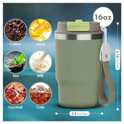 Wosta Travel Mug, Insulated Coffee Cup with Leakproof Lid,Vacuum Insulation Stainless Steel Reusable for Hot Cold Coffee, Non-Slip Protective Cover, (Army Green, 479 Ml) - Image 2