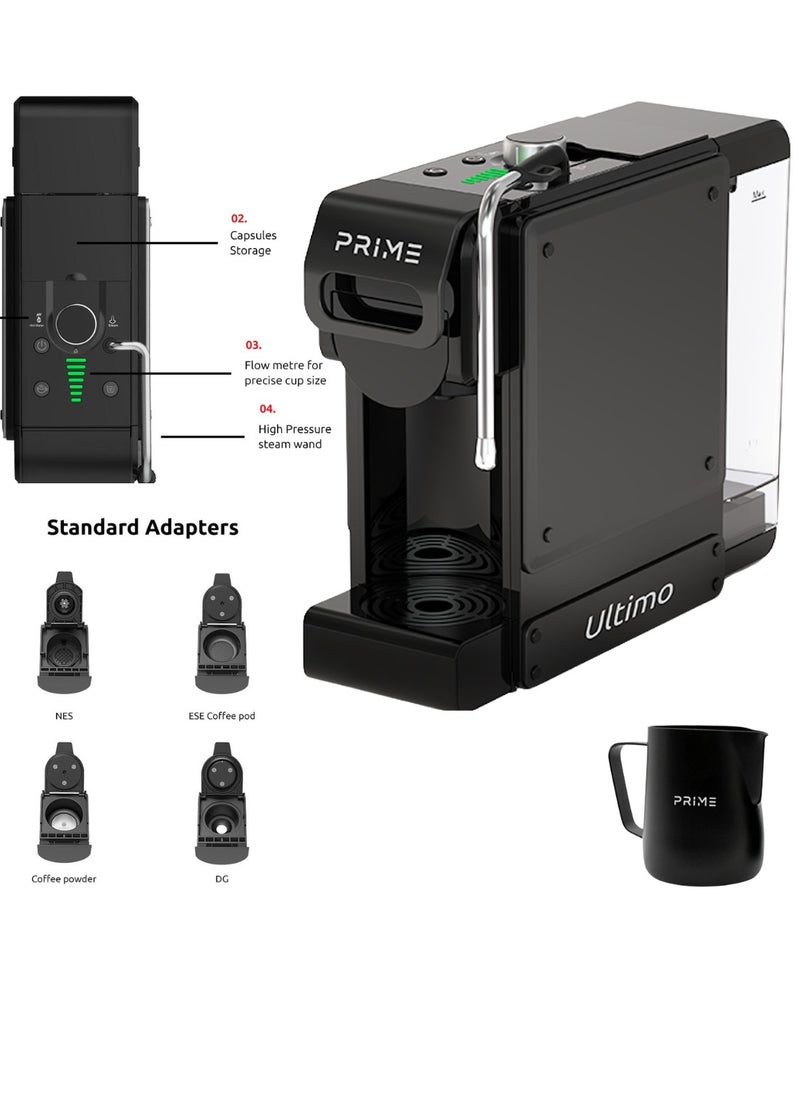 PRIME TECH - PRIME 7 in 1 Multifunction Espresso Coffee Machine -Milk Foam Nozzle for latte art, Coffee Maker with 1 L Water Tank, 4 Optional Adaptors, 350 ml milk pitcher included, All types of capsules & Ground espresso , Cold Brew Feature - Image 1