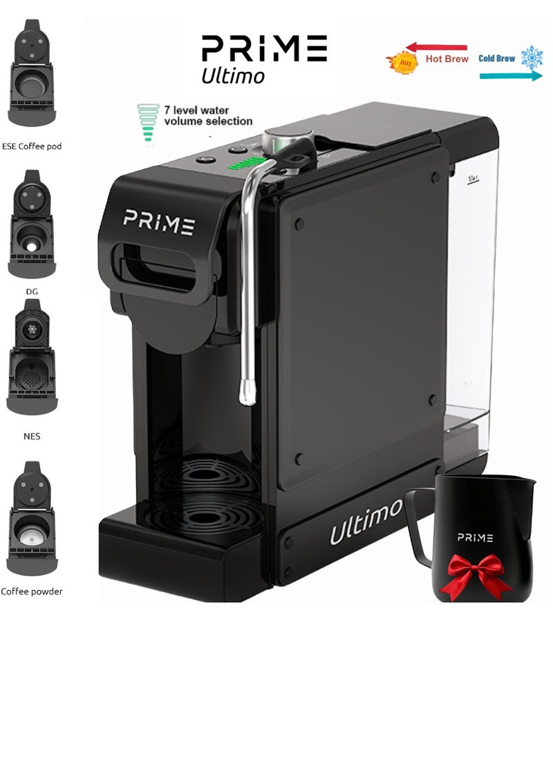 PRIME TECH - PRIME 7 in 1 Multifunction Espresso Coffee Machine -Milk Foam Nozzle for latte art, Coffee Maker with 1 L Water Tank, 4 Optional Adaptors, 350 ml milk pitcher included, All types of capsules & Ground espresso , Cold Brew Feature - Image 1